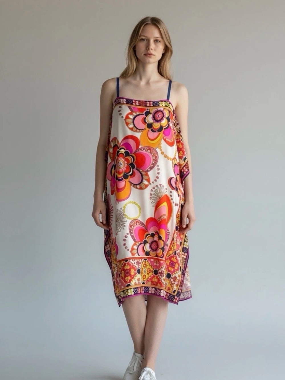 Trina Turk Navy Slip Dress with Pink & Orange Floral Print